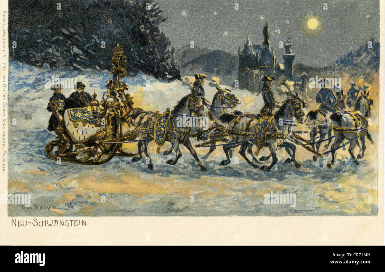Louis II., 25.8.295 - 13.6.1886, König von Bayern 10.3.1864 - 13.6.1886, Nachtschlitten, Postkarte, Deutschland, ca. 1900, Stockfoto