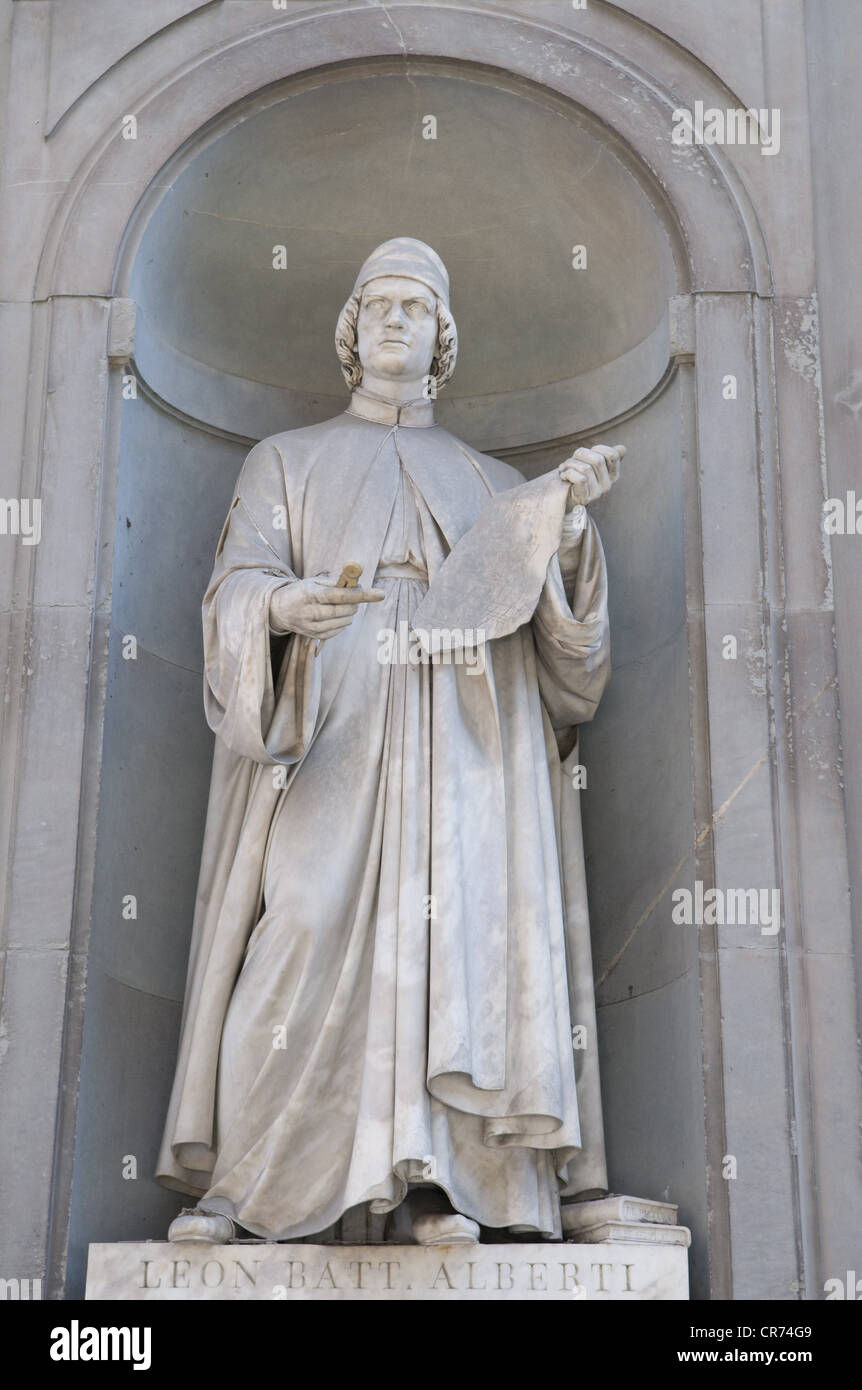 Alberti, Leon Battista, 14.2.1404 - 25.4.1472, italienischer Humanist und Mathematikhistoriker, volle Länge, Statue, Uffizien, Florenz, Italien, Stockfoto