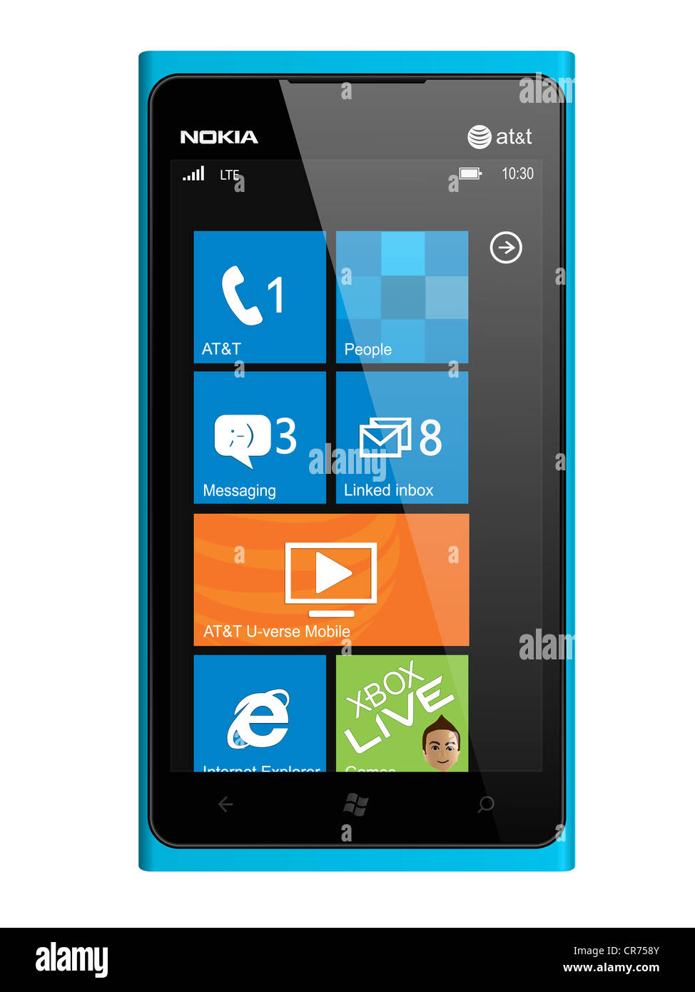 Neues Nokia-Smartphone-Design in blau. Mit Windows Phone OS, Handys Lumia 900. Stockfoto
