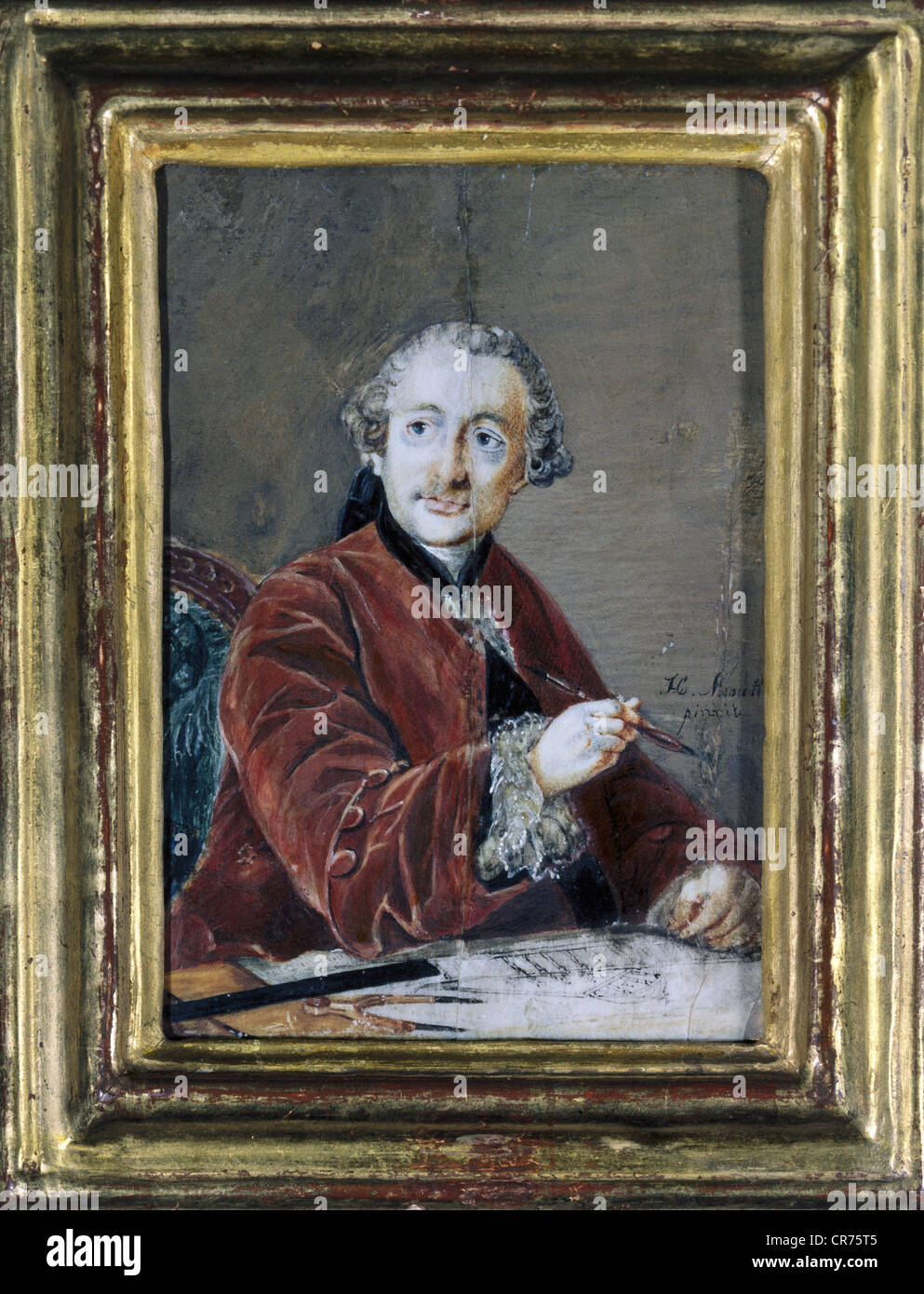 Soufflot, Jacques-Germain, 22.7.1713 - 29.8.1780, französischer Architekt, halbe Baulänge, Miniatur von H. Moutin, 1760, Bayerisches Nationalmuseum, München, Stockfoto