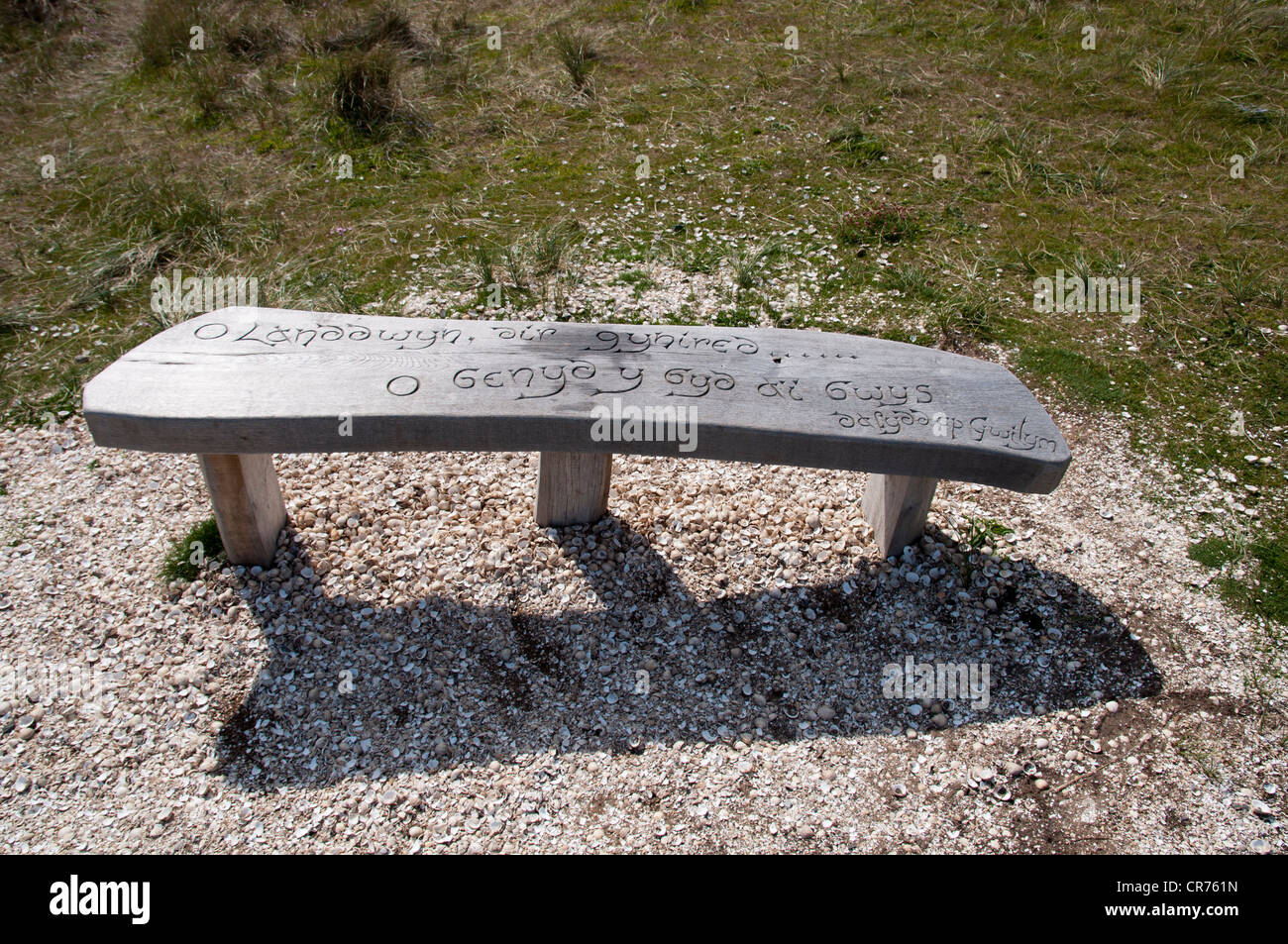 Sitz aus Holz geschnitzten auf Llanddwyn Insel Anglesey North Wales Stockfoto