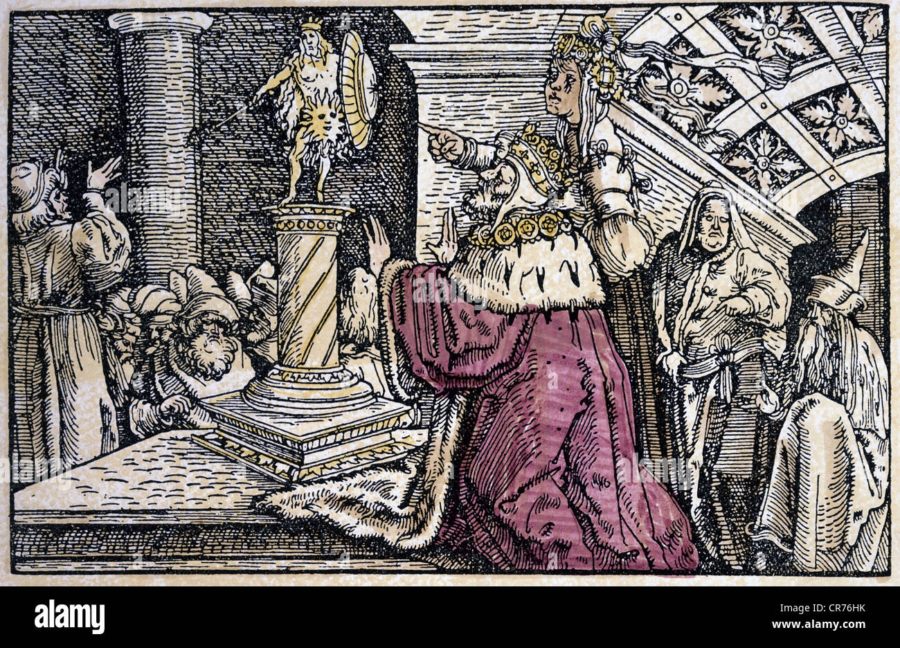 Solomon, König von Israel, ca. 971 - 931 v. Chr., halbe Länge, Moortochter zeigt auf ein altes Idol, das vom König geadelt wird, Erinnerung an die Weisheit, Der sich auf die Dummheit, den farbigen Holzschnitt des Petrarca-Meisters (1532 - 1620) in "Von der Artzney Bader Glueck" (De redeis utriusque fortunae 1344/1366) von Francesco Petrarca (1304-1374), ändern kann, Stockfoto