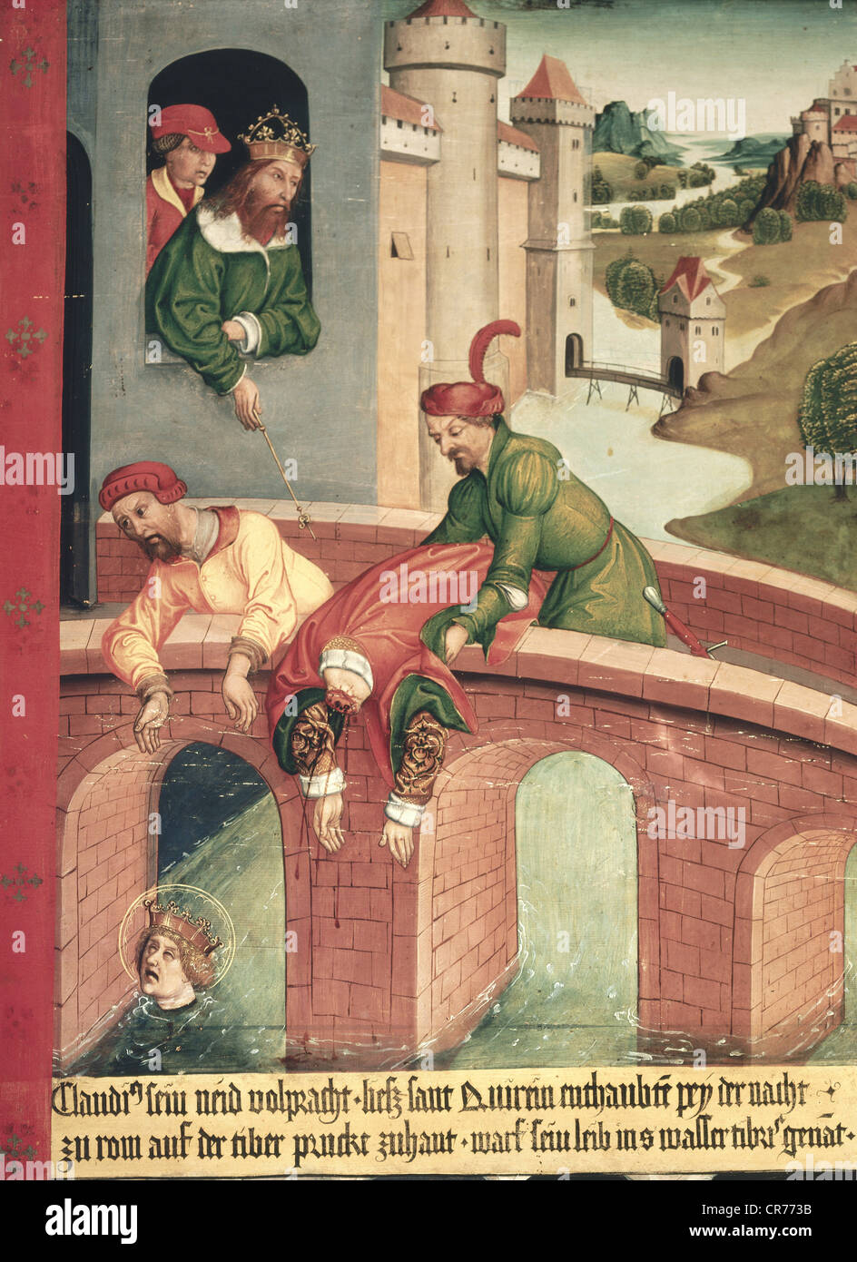 Quirinus von Neuss, ca. 130 n. Chr., Heiliger, christlicher Märtyrer, halbe Länge, enthauptet auf der Tiberbrücke bei Rom, Detail einer Sagenplatte, Öl auf Holz, 82x57 cm, Bayern, ca. 1510, Stockfoto