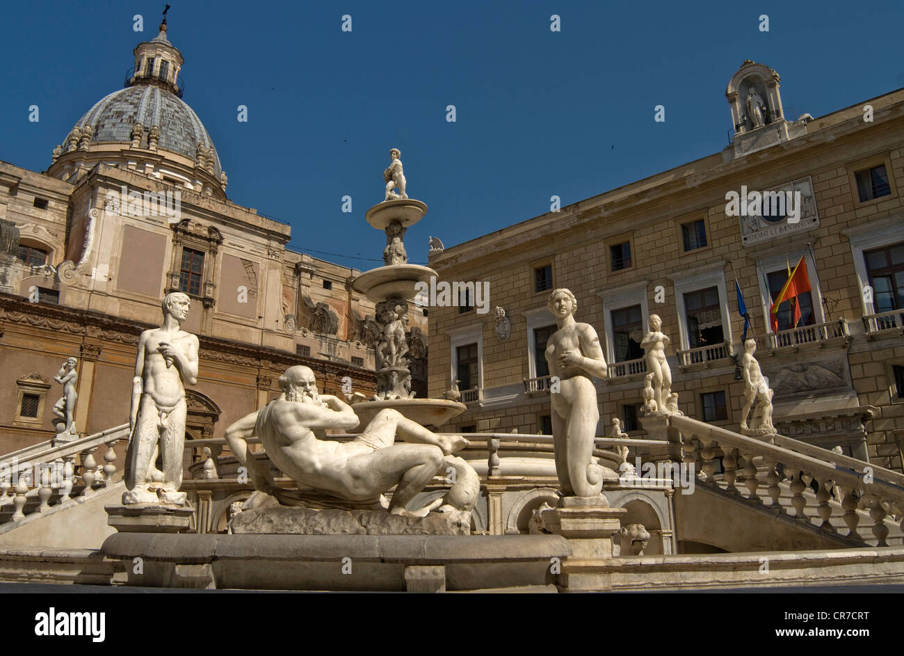 Italien, Sizilien, Palermo, Ort und Pretoria Brunnen, durchgeführt von dem Florentiner Bildhauer Francesco Camilliani zwischen Stockfoto