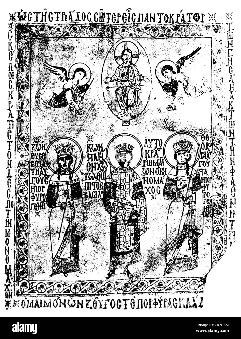 Konstantin IX. Monomachos, ca. 1000 - 11.1.1055, oströmischer Kaiser 11.6.1042 - 11.1.1055, mit Ehefrau von Kaiserin Zoe und Schwester Theodora, byzantinische Miniatur, ca. 1050, Stockfoto