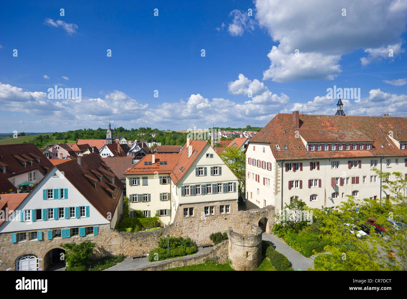 Marbach Stadtbild mit ehemaligen Stadtmauer und Rondellturm Rundturm, Marbach ...