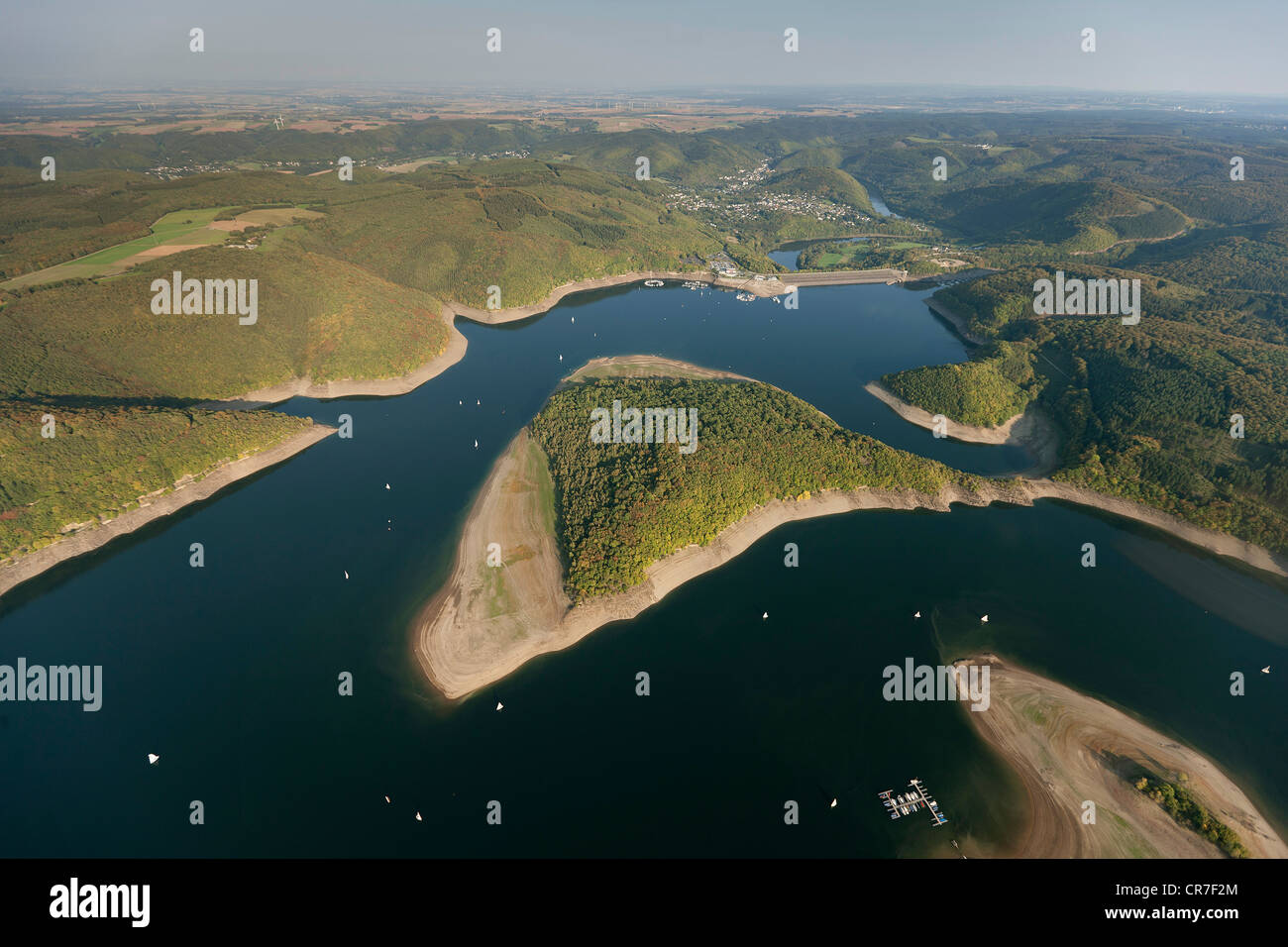 Luftaufnahme, See Rurstausee, Rur See, bei niedrigem Wasserstand, Nationalpark Eifel, Nordrhein-Westfalen, Deutschland, Europa Stockfoto