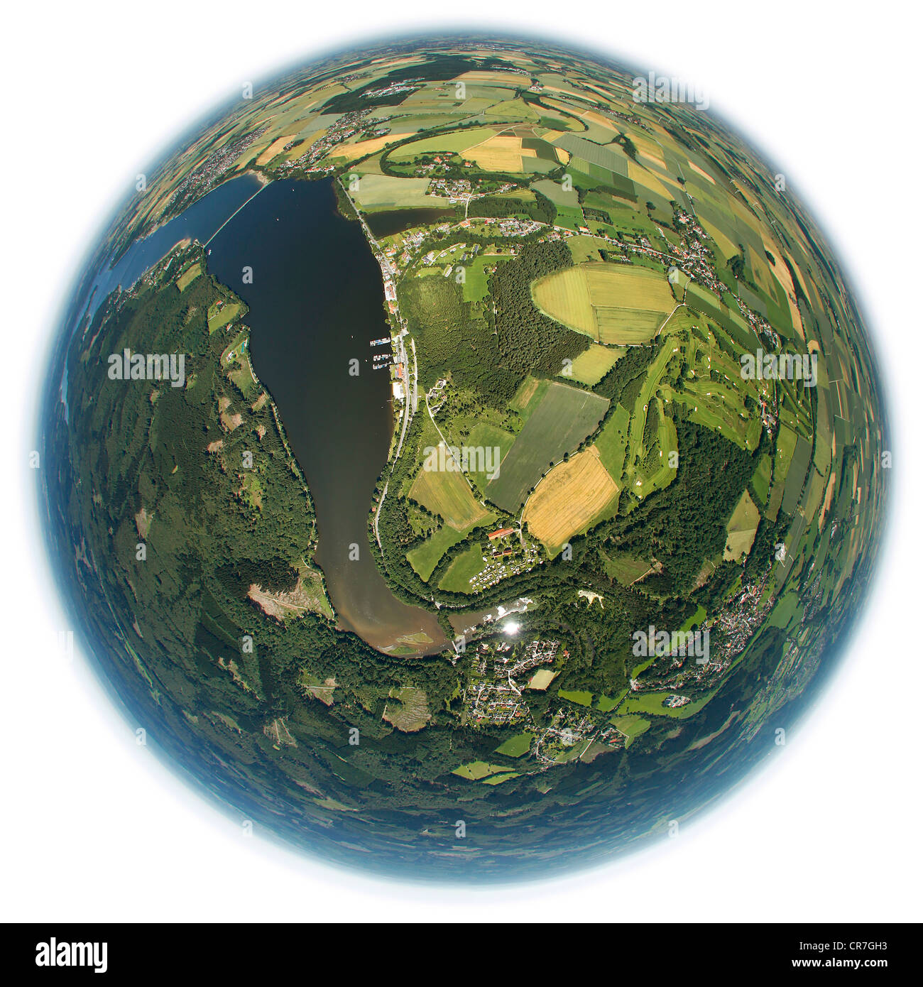 Luftbild, fisheye Perspektive, Moehne dam, Reservoir, Moehnesee See, Sauerland, Nordrhein-Westfalen, Deutschland, Europa Stockfoto