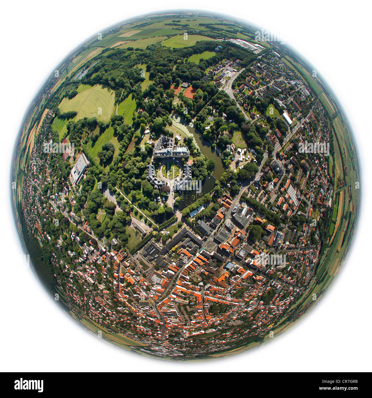 Luftbild, fisheye Perspektive, Bueckeburg Burg, Landkreis Schaumburg, Niedersachsen, Deutschland, Europa Stockfoto