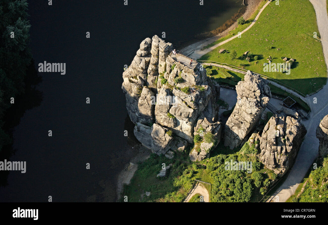 Luftbild, Externsteine Felsformation, Naturdenkmal, Sandstein Felsen, Horn-Bad Meinberg, Ostwestfalen-Lippe Stockfoto