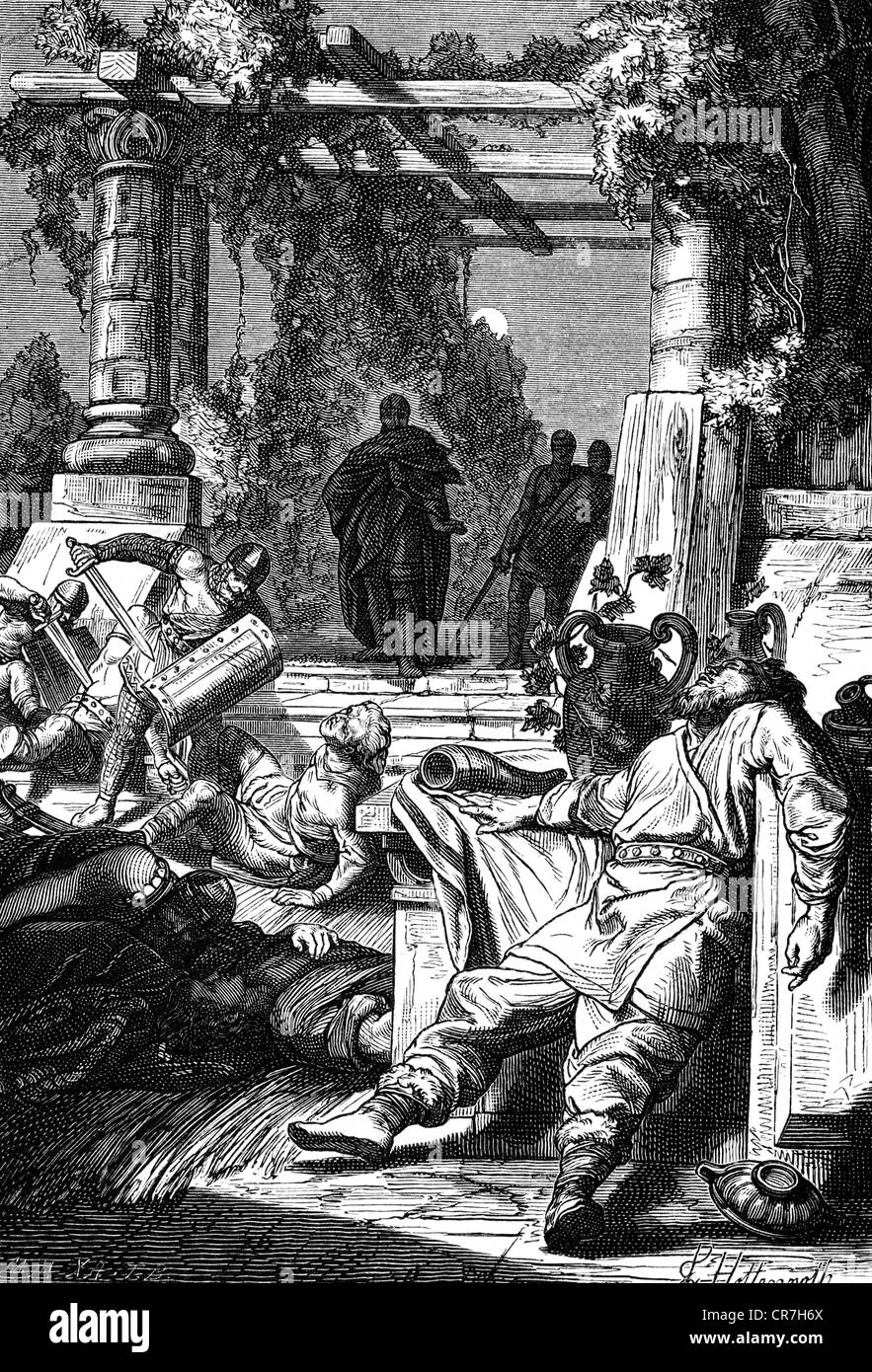 Gero i 'der Große', ca. 900 - 20.5.965, Grab in den östlichen Teilen von Francia 937 - 965, Szene, Gero hat fast 30 Slawenchieftünen getötet während eines Banketts, 939, Holzgravur, von Friedrich Hottenroth, 19. Jahrhundert, Stockfoto