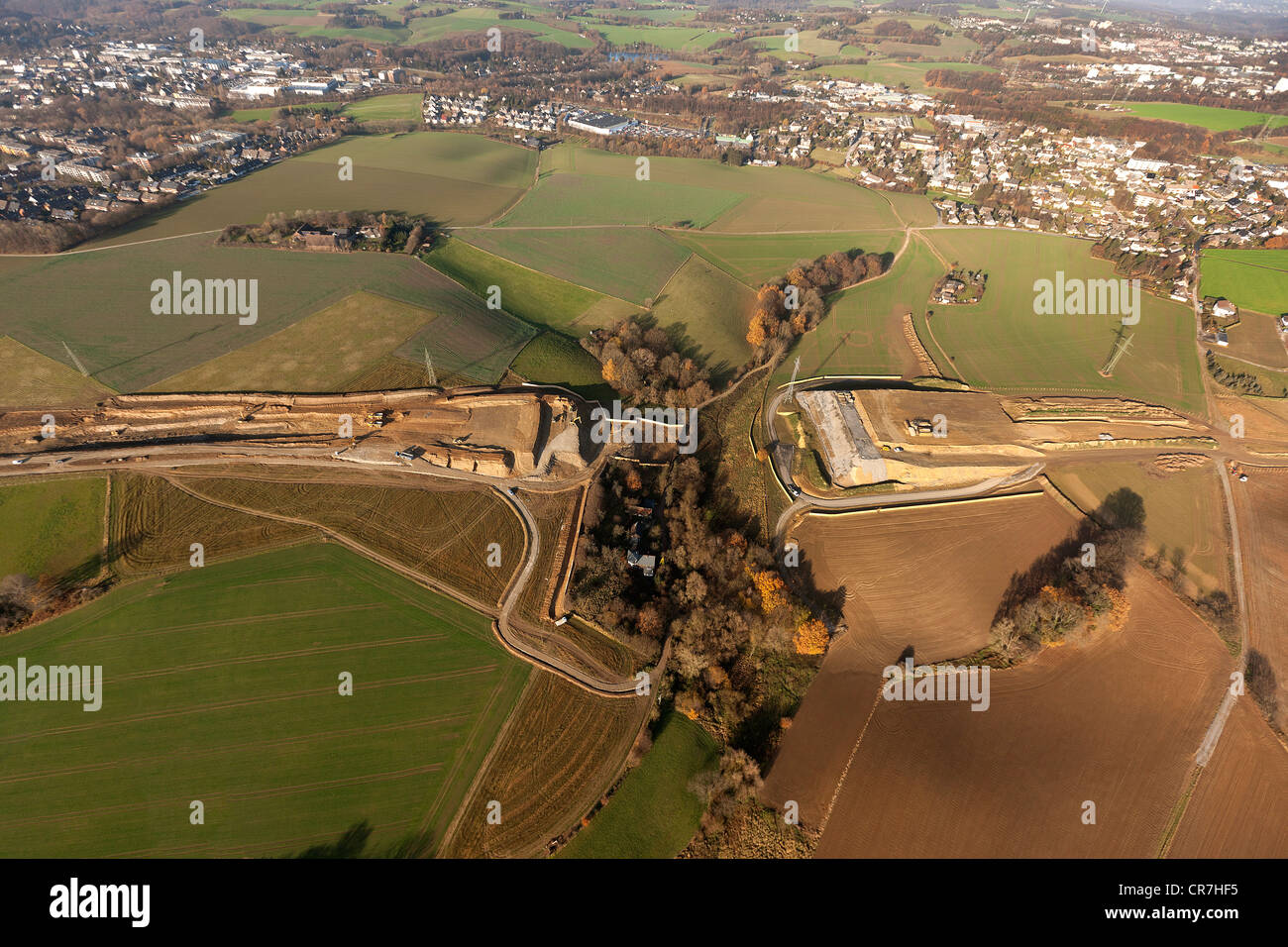Luftaufnahme, A44, Autobahn Erweiterung nach Westen, zwischen Heiligenhaus und Velbert, Ruhrgebiet, Nordrhein-Westfalen Stockfoto