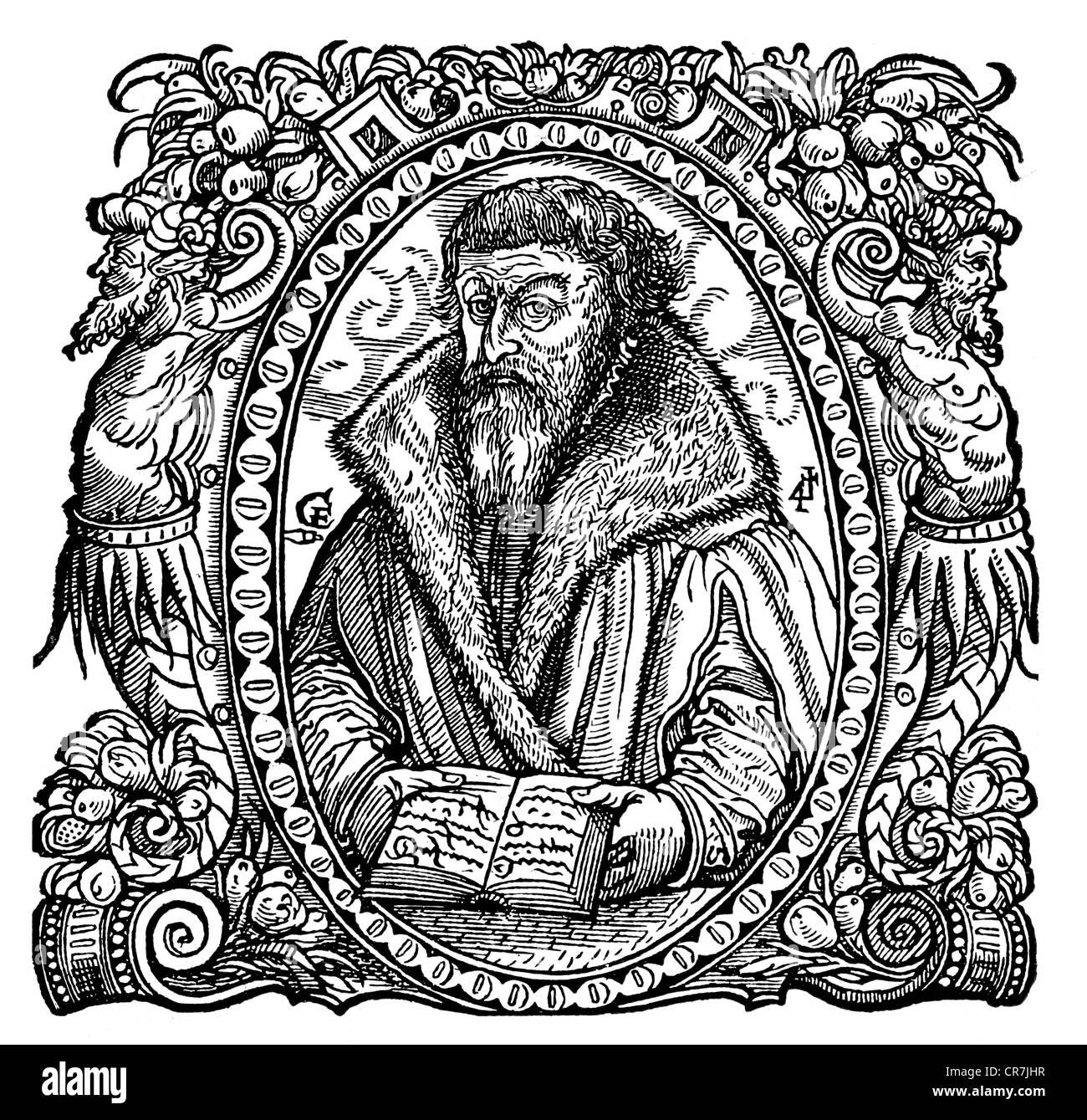 Musculus, Andreas, 29.11.1514 - 29.9.1581, deutscher Reformator und protestantischer Theologe, halbe Länge, Holzschnitt, 16. Jahrhundert, Stockfoto