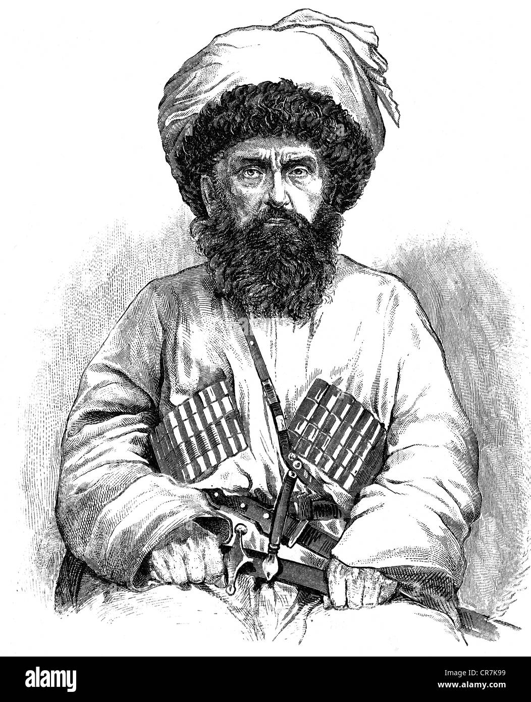 Schamil ben Muhammad, ca. zwischen den Jahren von 1790-März 1871, Islamischer Gelehrter, halbe Länge, Holzgravur, 19. Jahrhundert, Stockfoto