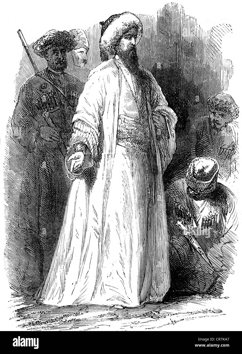 Schamil ben Muhammad, ca. zwischen den Jahren von 1790-März 1871, Islamischer Gelehrter, voller Länge, Holzgravur, 19. Jahrhundert, Stockfoto