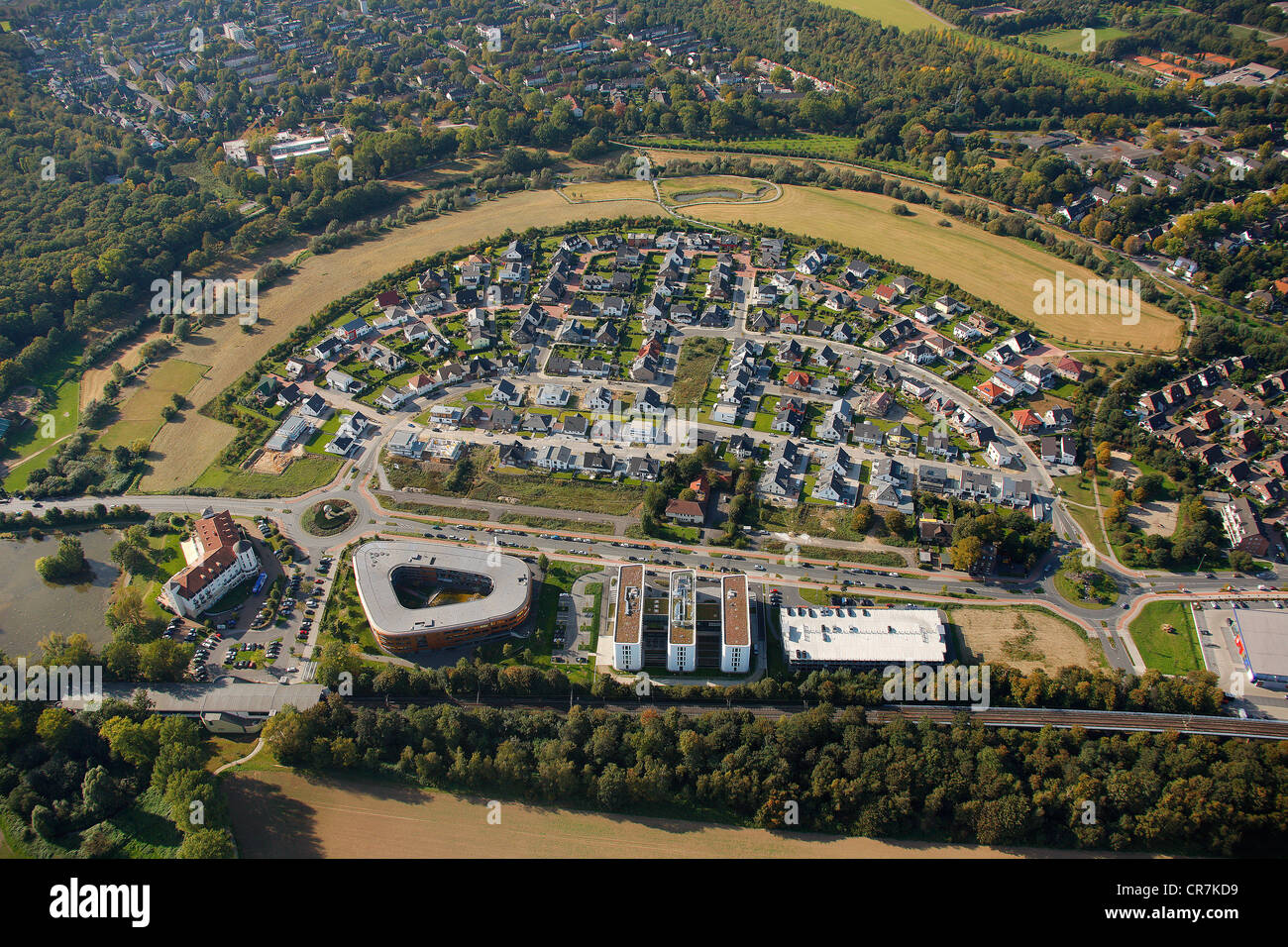 Luftaufnahme, Xella Deutschland HQ, Infineon, Angerbogen, Hotel Landhaus Milser, Duisburg, Ruhrgebiet, Nordrhein-Westfalen Stockfoto