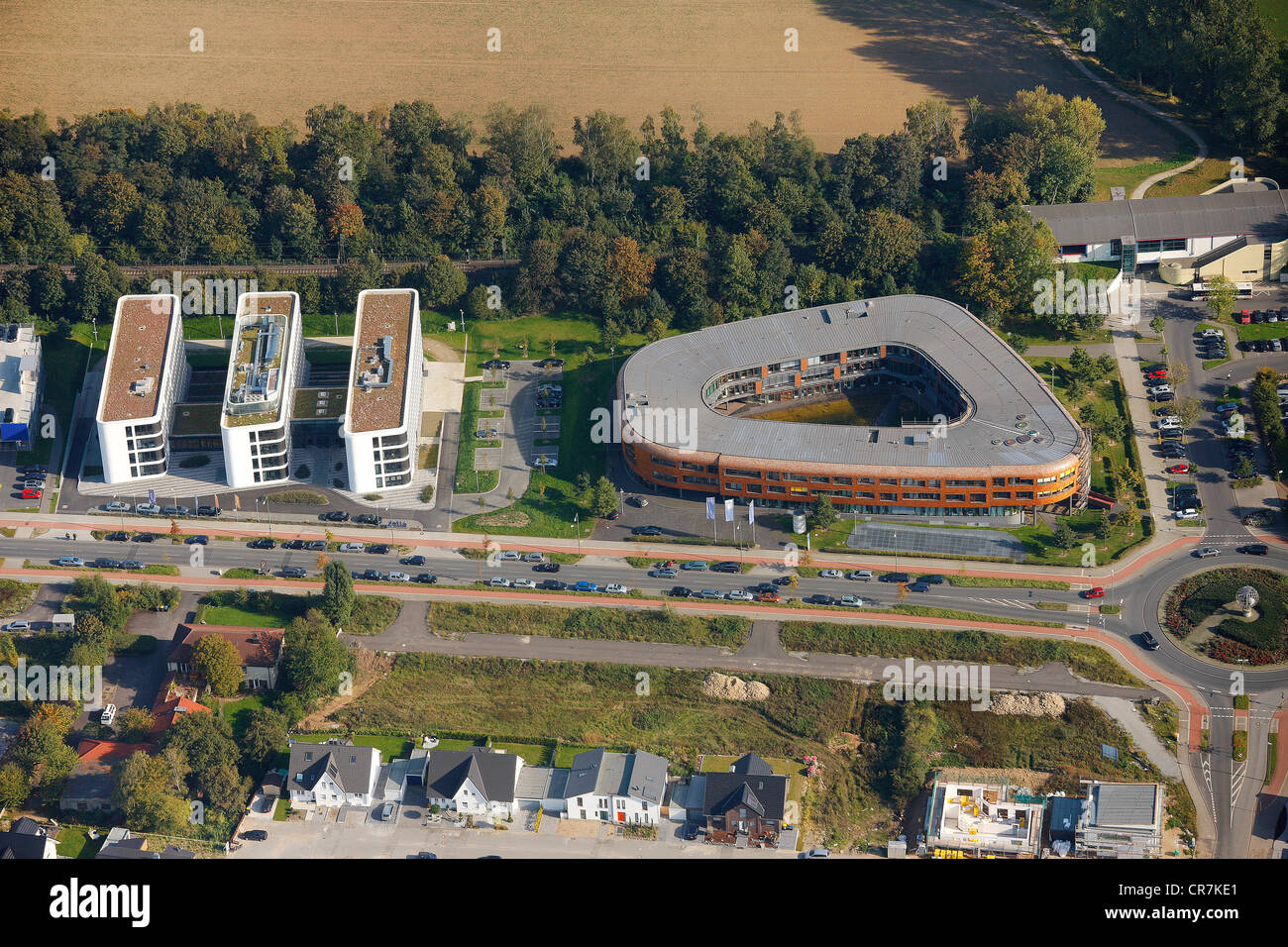 Luftaufnahme, Xella Deutschland HQ, Infineon, Angerbogen, Hotel Landhaus Milser, Duisburg, Ruhrgebiet, Nordrhein-Westfalen Stockfoto