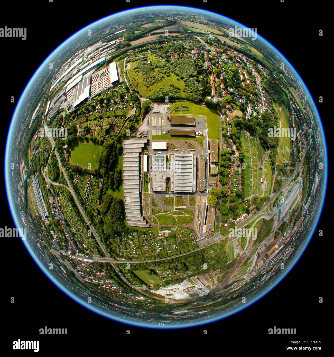 Luftaufnahme, fisheye erschossen, Straßenbahndepot Engelsburg, Essener Straße, BOGESTRA, Bochum, Ruhrgebiet, Nordrhein-Westfalen Stockfoto