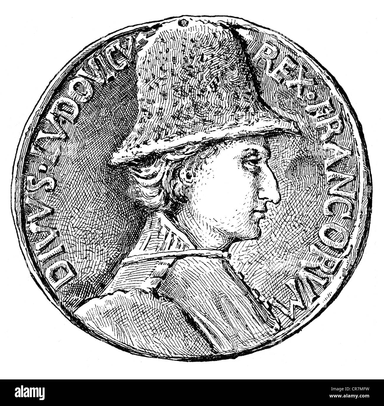 Louis XI "der umsichtige", 3.7.1423 - 30.8.1483, König von Frankreich 22.7.1461 - 30.8.1483, Porträt, Medaille, Holzgravur, 19. Jahrhundert, Stockfoto