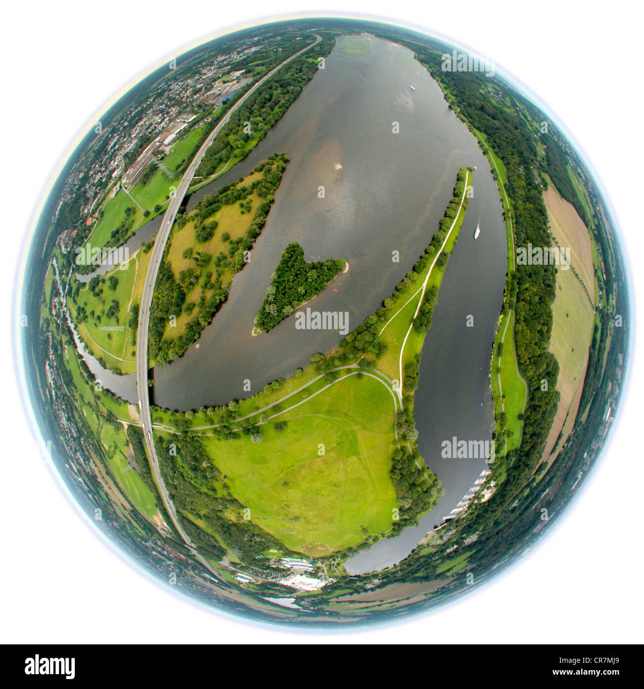 Luftbild, fisheye Schuss, Algen Pest, Algenwachstum auf dem Kemnader Stausee, Bochum, Ruhrgebiet, Nordrhein-Westfalen Stockfoto