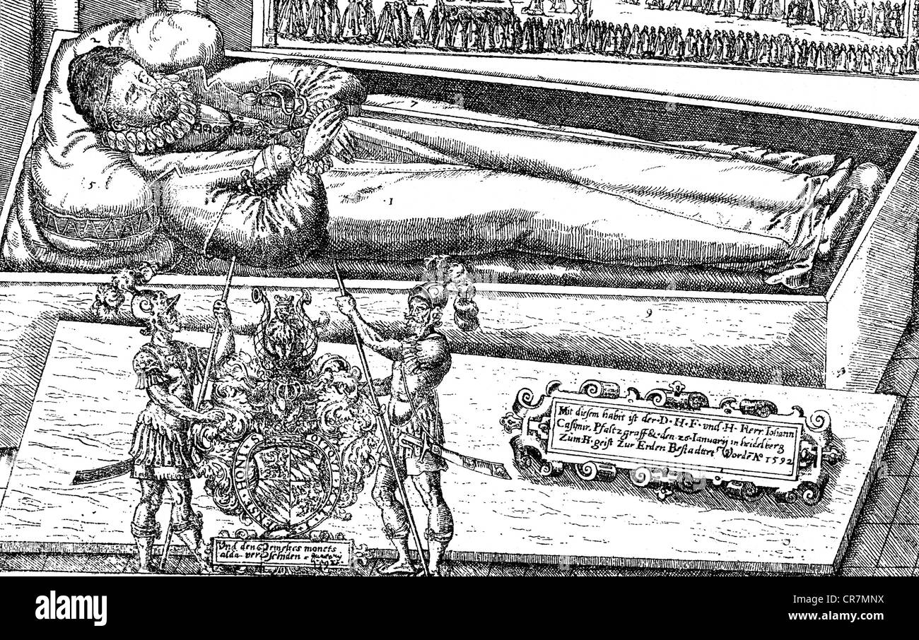 John Casimir, 7.3.1543 - 16.1.1592, Pfalzgraf von Pfalz-simmern, Administrator der Kurpfalz 1583 - 1592, Tod, Lay Out, zeitgenössischer Kupferstich, Artist's Urheberrecht nicht geklärt zu werden. Stockfoto