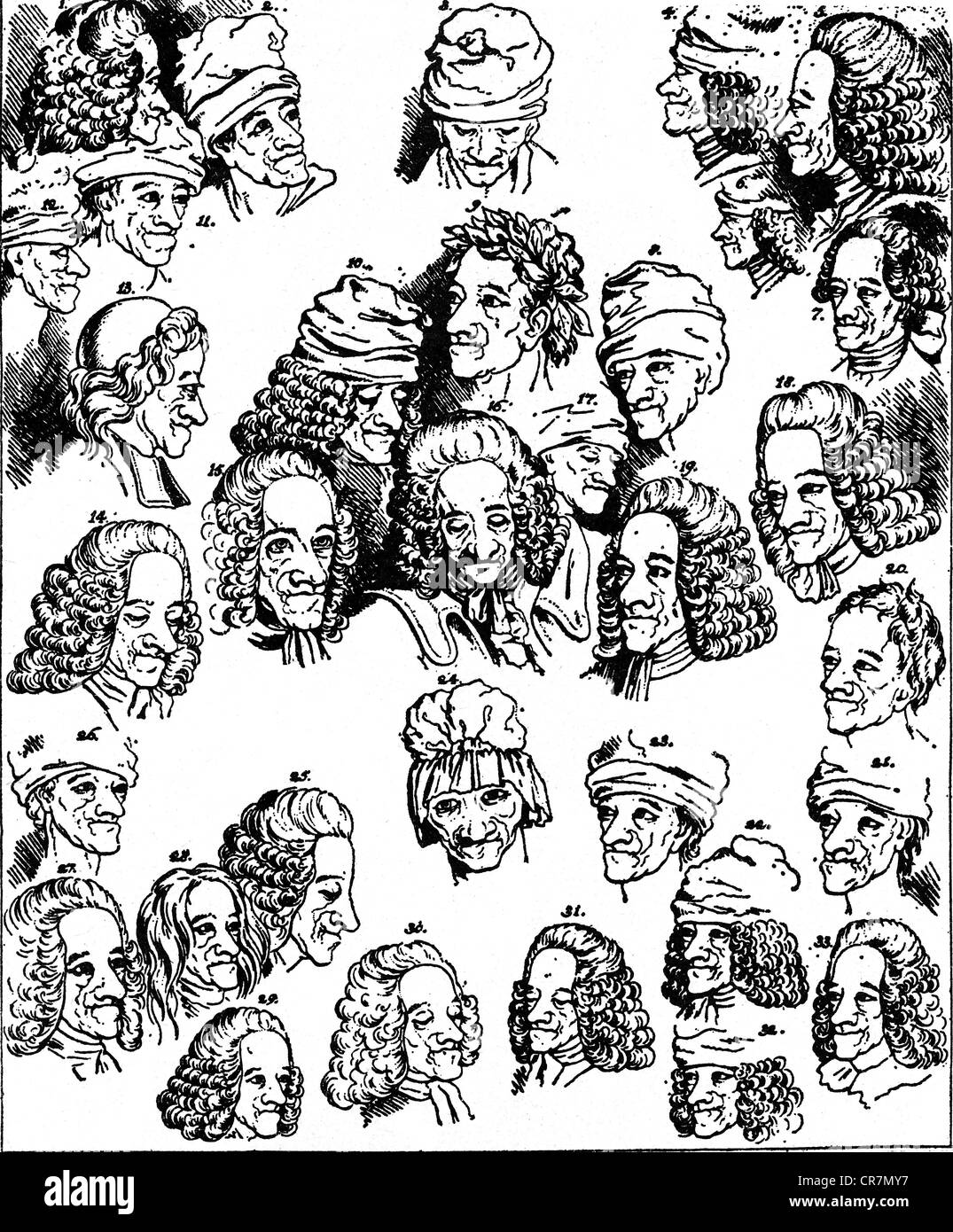 Voltaire, (Francois Arouet), 21.11.1694 - 30.5.1778, französischer Philosoph, "die vielen Gesichter von Voltaire', nach Zeichnungen von M. Hubert, Kupferstich von Johann Heinrich Lips (1758 - 1817), 18./19. Jahrhundert, Artist's Urheberrecht nicht gelöscht werden Stockfoto