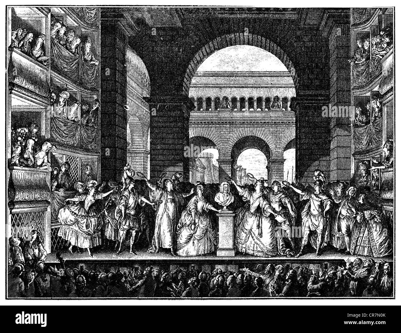 Voltaire, (Francois Arouet), 21.11.1694 - 30.5.1778, französischer Philosoph, Krönung von Voltaire am Theater Francais nach dem 6 Leistung seines Stückes "Irene", 30.3.1778, Kupferstich, charles-etienne Morbus Gaucher (1740-1804), 1782, Artist's Urheberrecht nicht gelöscht werden Stockfoto