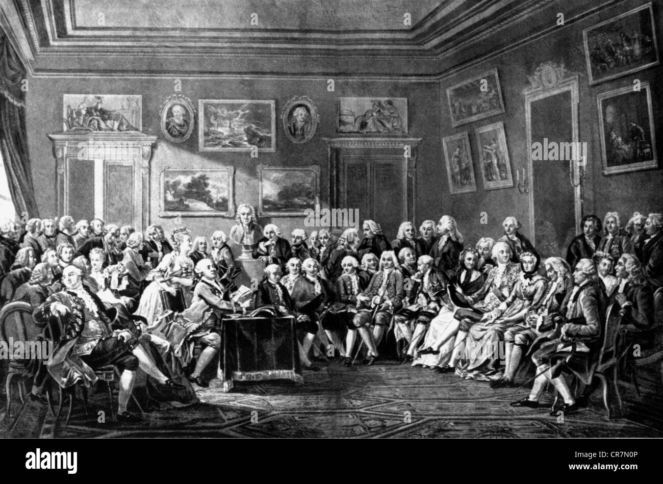 Voltaire, (Francois Arouet), 21.11.1694 - 30.5.1778, französischer Philosoph, Lesung von seiner Tragödie "Die Waise von China" (L'Orphelin de Chine) im Salon der Madame Geoffrin, nach dem Lackieren von Charles Lemonnier (1743 - 1824), Kupferstich,, Artist's Urheberrecht nicht gelöscht werden Stockfoto