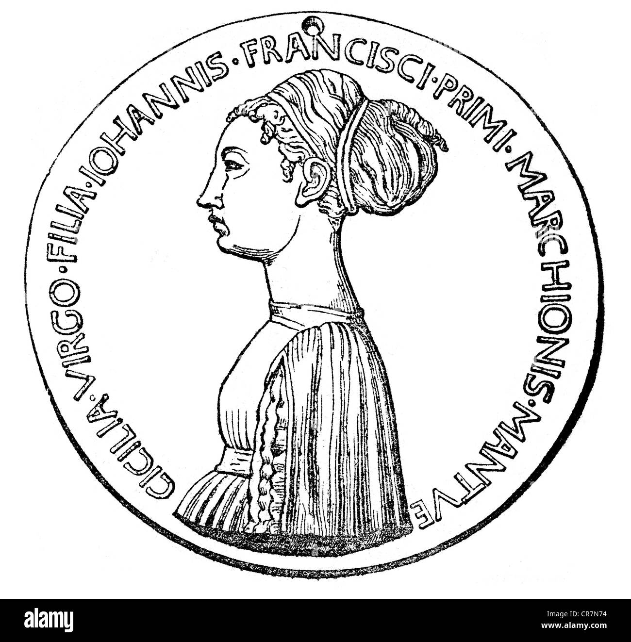 Gonzaga, Cecilia, 1426 - 1451, italienischer Geistlicher, Nonne im Kloster Clarisses in Mantua, Porträt, Holzgravur, 19. Jahrhundert, nach Medaille von Pisanello, 1447, Stockfoto