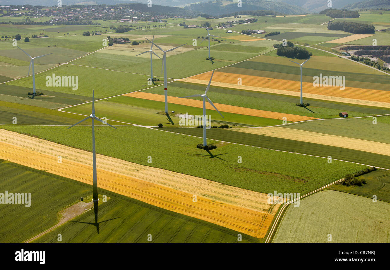 Luftbild, Windkraftanlagen, Windpark, Brilon, Sauerland, Nordrhein-Westfalen, Deutschland, Europa Stockfoto