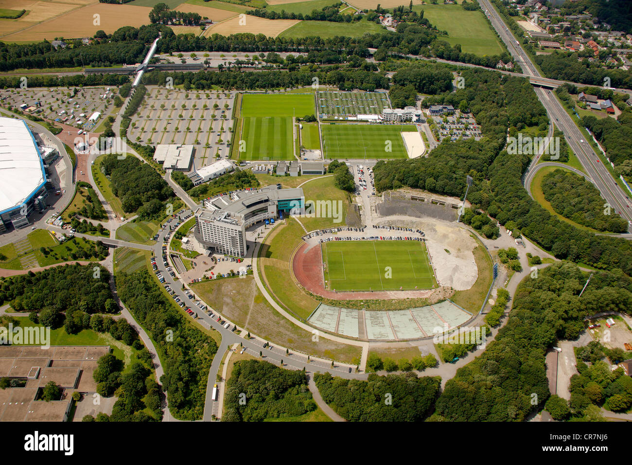 Antenne zu sehen, Arena auf Schalke, S04, Fußball Stellplätze, Gelsenkirchen, Ruhr Area, North Rhine-Westphalia, Germany, Europa Stockfoto