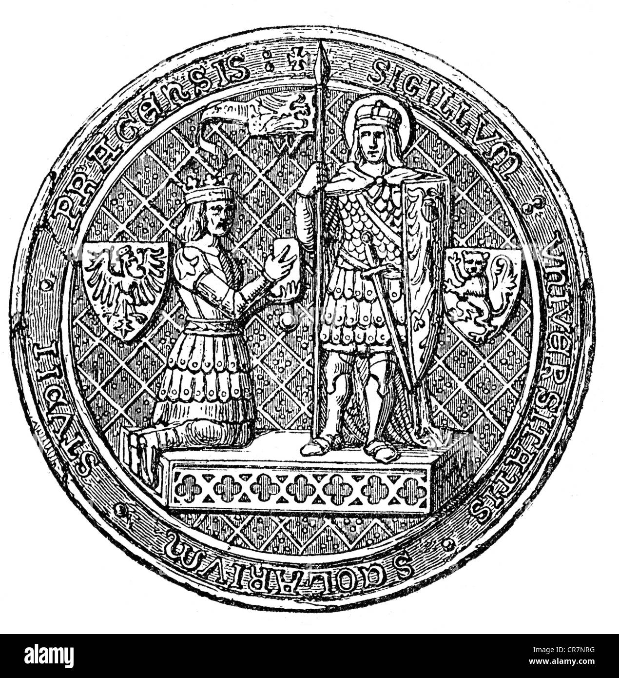 Karl IV., 14.5.1316 - 19.11.1378, Heiliger römischer Kaiser 5.4.1355 - 19.11.1378, genuflect vor dem Heiligen Wenceslaus, Siegel der Universität Prag, 14. Jahrhundert, Holzgravur, 19. Jahrhundert, Stockfoto
