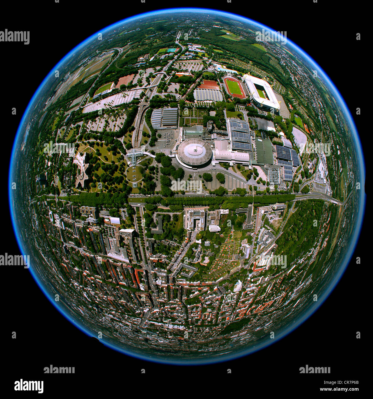 Luftaufnahme, fisheye erschossen, SignalIdunaPark oder Westfalenstadion Stadion, Westfalenhallen, Dortmund, Ruhrgebiet region Stockfoto