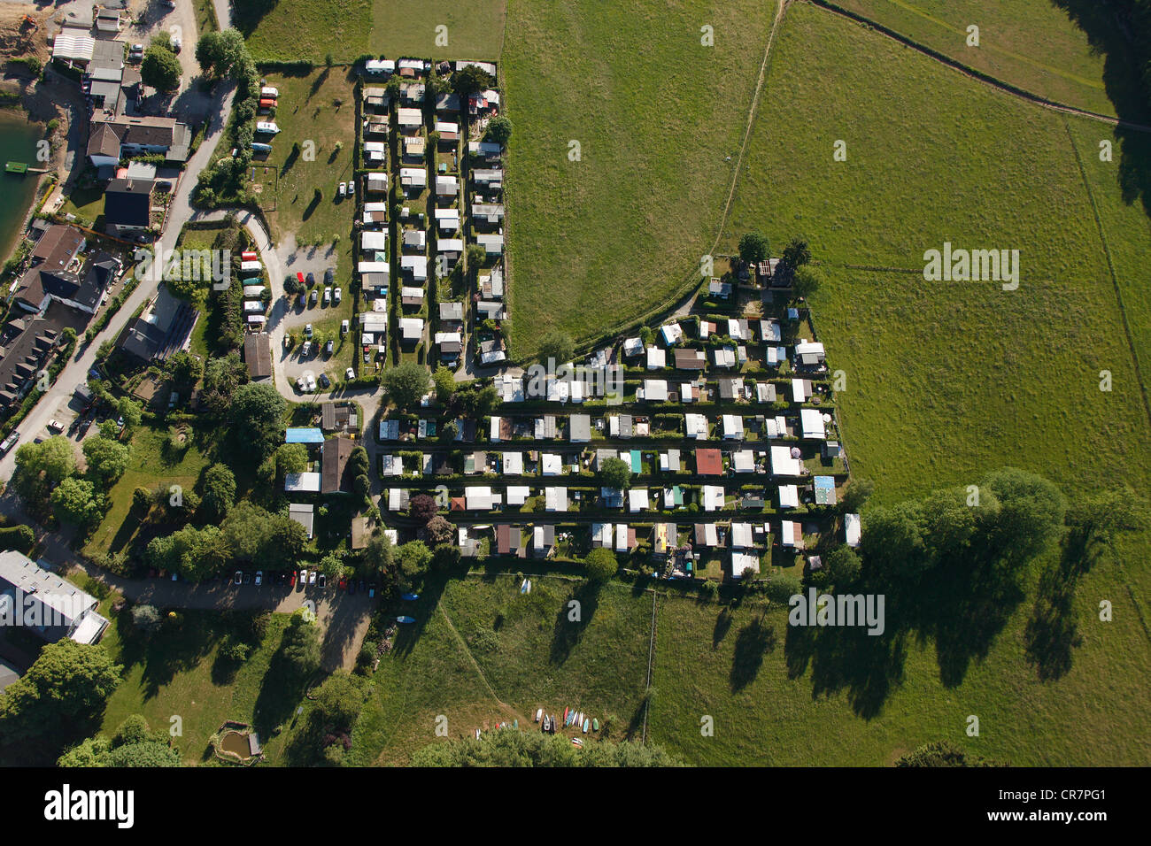 Luftaufnahme, Campingplatz in der Nähe Bevertalsperre dam, Hückeswagen, Radevormwald, Oberbergischer Kreis Bezirk Stockfoto
