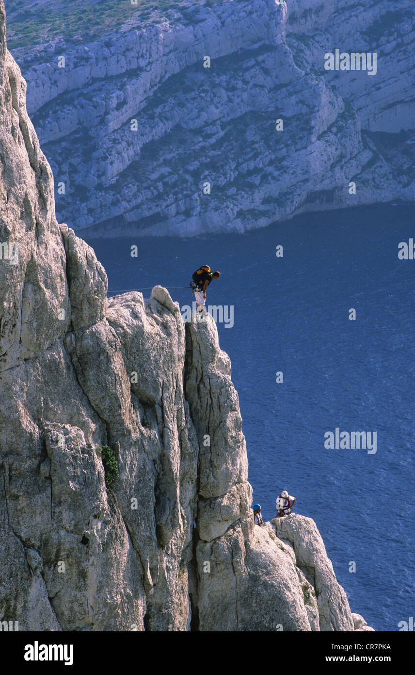 Kulturhauptstadt Europas 2013, Massif des Calanques, Grande Candelle (454m), Klettern, Marseille, Bouches-du-Rhône, Frankreich Stockfoto