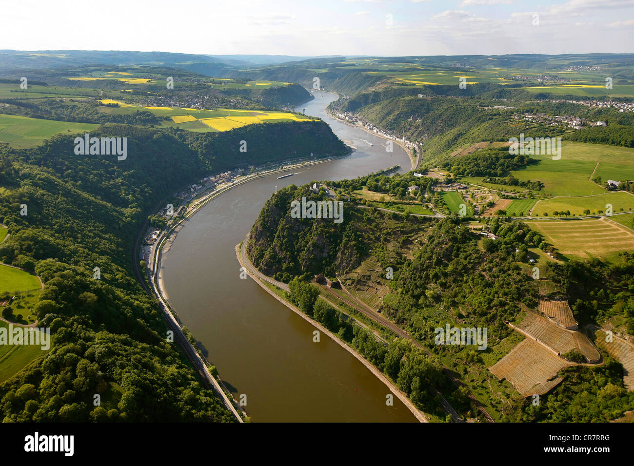 Luftbild, Loreley-Felsen, Urbar, Rhein, Niedrigwasser, oberen mittleren Rhein Tal World Heritage Site, Rheinland-Pfalz Stockfoto