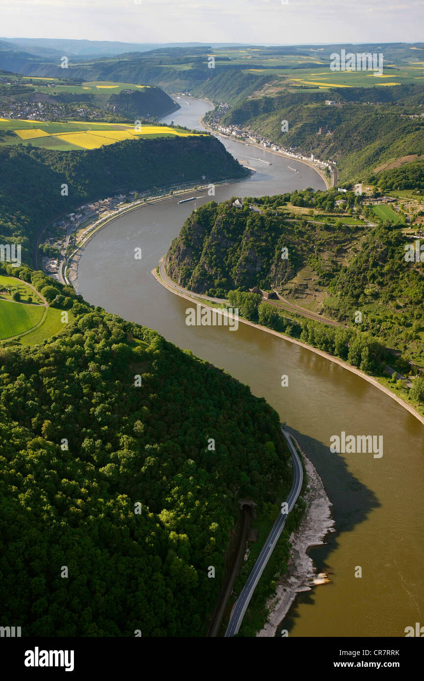 Luftbild, Loreley-Felsen, Oberwesel, Rhein, Niedrigwasser, oberen mittleren Rhein Tal World Heritage Site Stockfoto