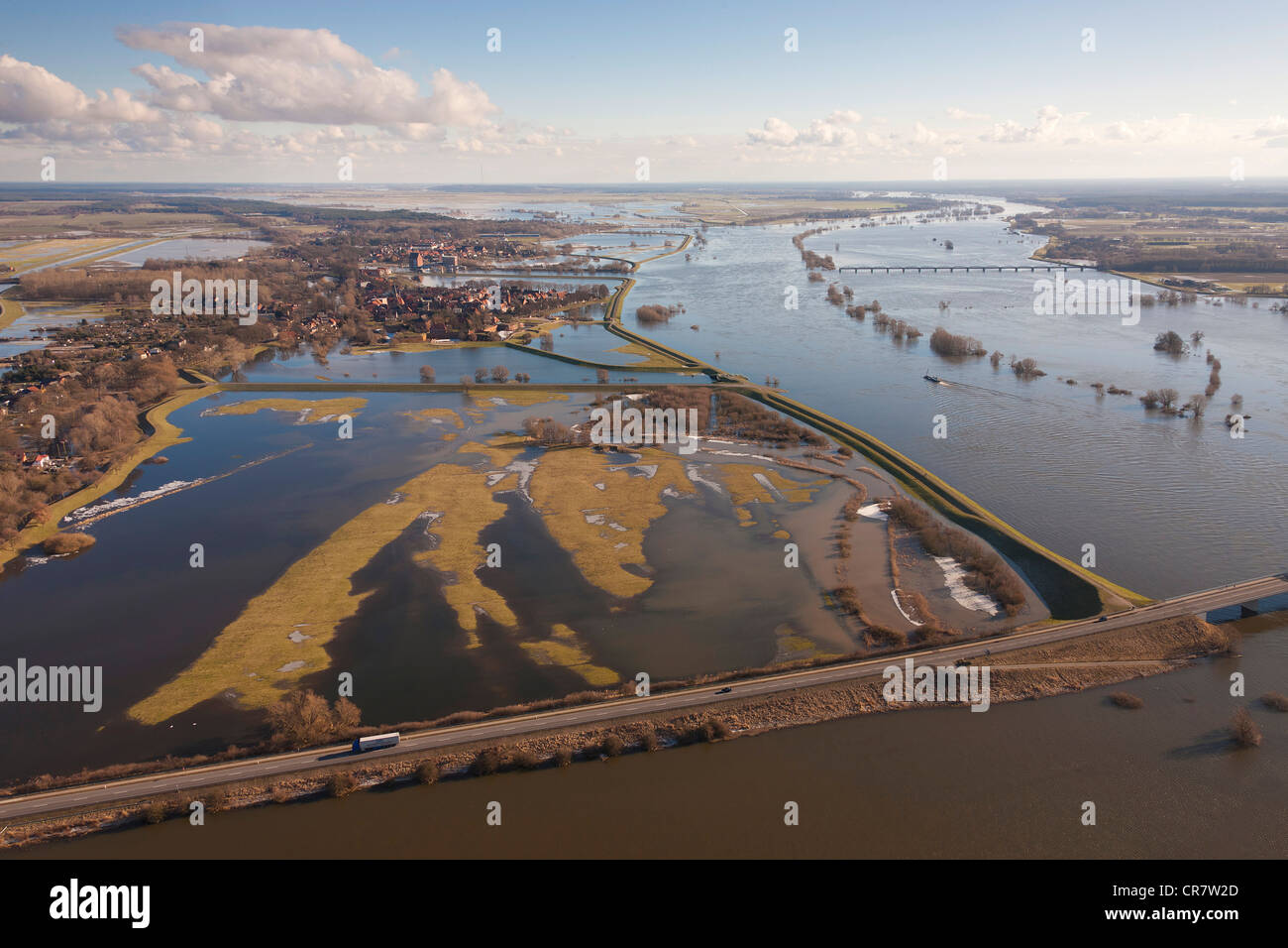 Luftaufnahme, Doemitz, Fluss Elbe, Elbe Valley Nature Park, winter Überschwemmungen, Mecklenburg-Western Pomerania, Deutschland, Europa Stockfoto