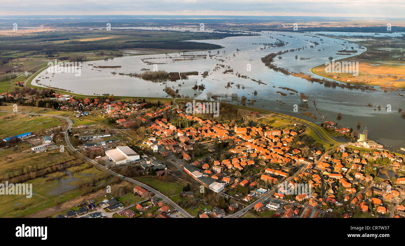 Luftaufnahme, Bleckede, Fluss Elbe, Elbe Valley Nature Park, winter Überschwemmungen, Niedersachsen, Deutschland, Europa Stockfoto