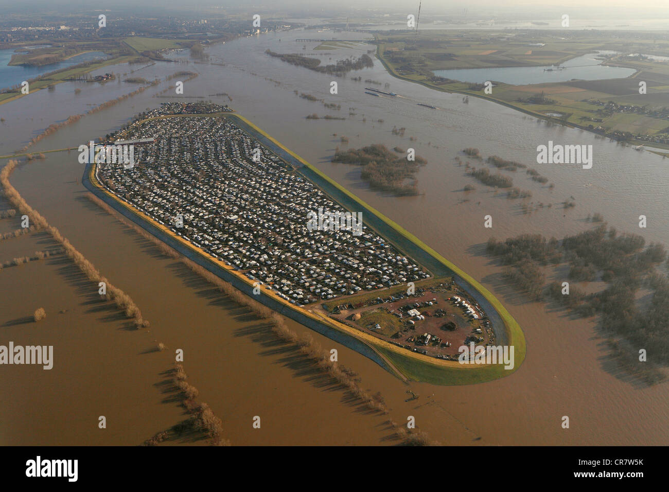 Überflutet Campingplatz Grav-Insel in der Nähe von Wesel, Rhein, Rheinauen, Rheinauen, North Rhine-Westphalia, Germany, Europe Stockfoto