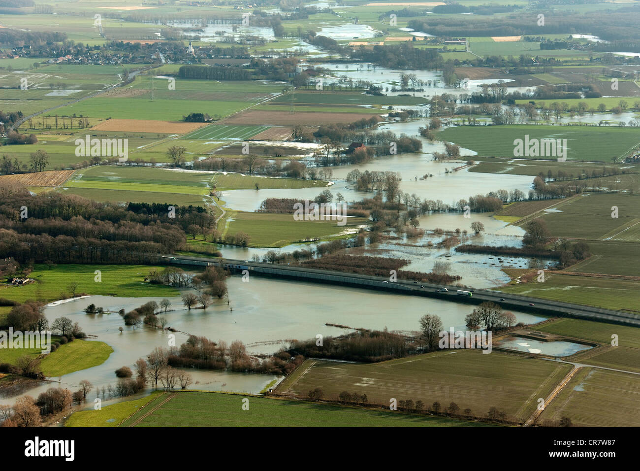 Luftbild, Autobahn A2, Ahse Fluss Lippe-Zufluss, Flut, Hamm, Ruhrgebiet und Umgebung, Nordrhein-Westfalen, Deutschland, Europa Stockfoto