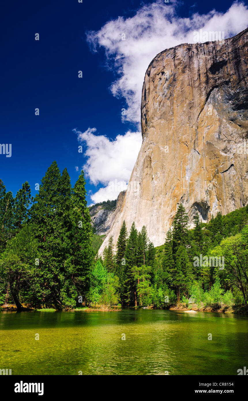 El Capitan über dem Merced River, Yosemite-Nationalpark, Kalifornien USA Stockfoto