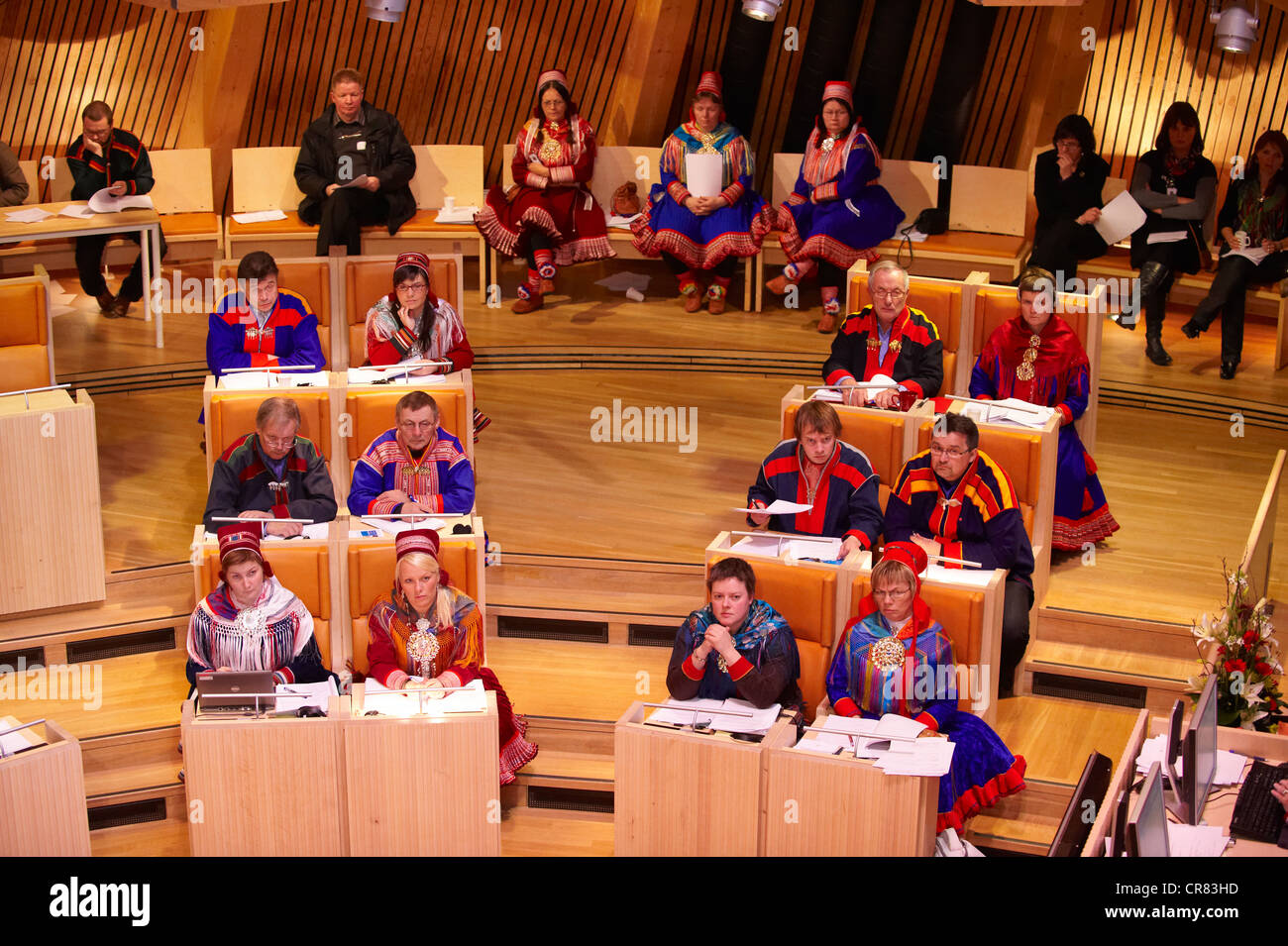 Norwegen, Finnmark County, Karasjok, Sami Parliament, Sametinget, 2009 neue Montage-Plenarsitzung mit neuem Präsidenten Stockfoto