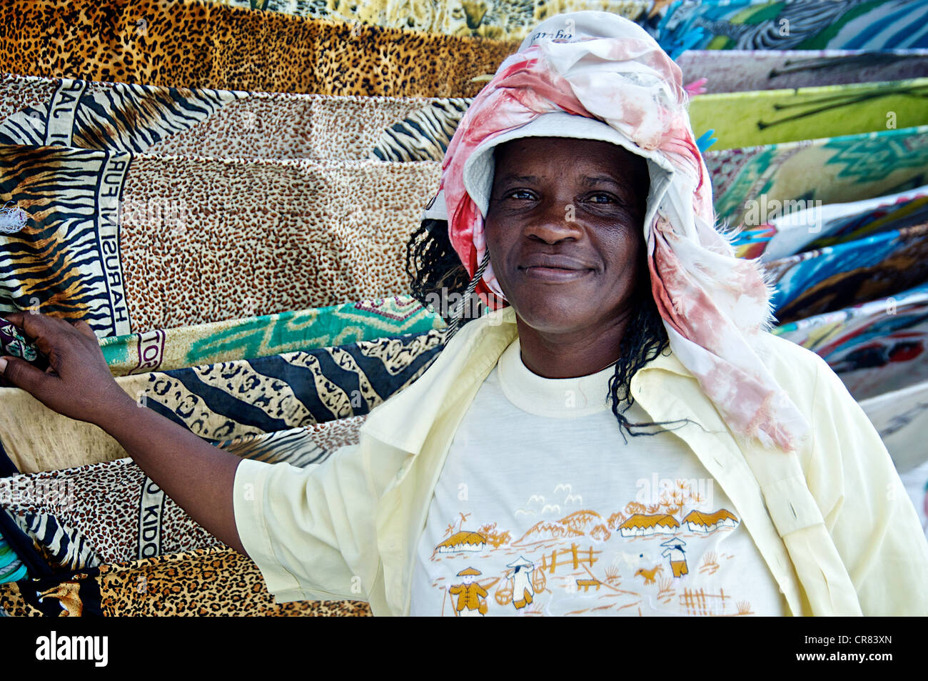 Porträt einer Frau verkaufen Stoff, Mombasa, Kenia, Ostafrika Stockfoto
