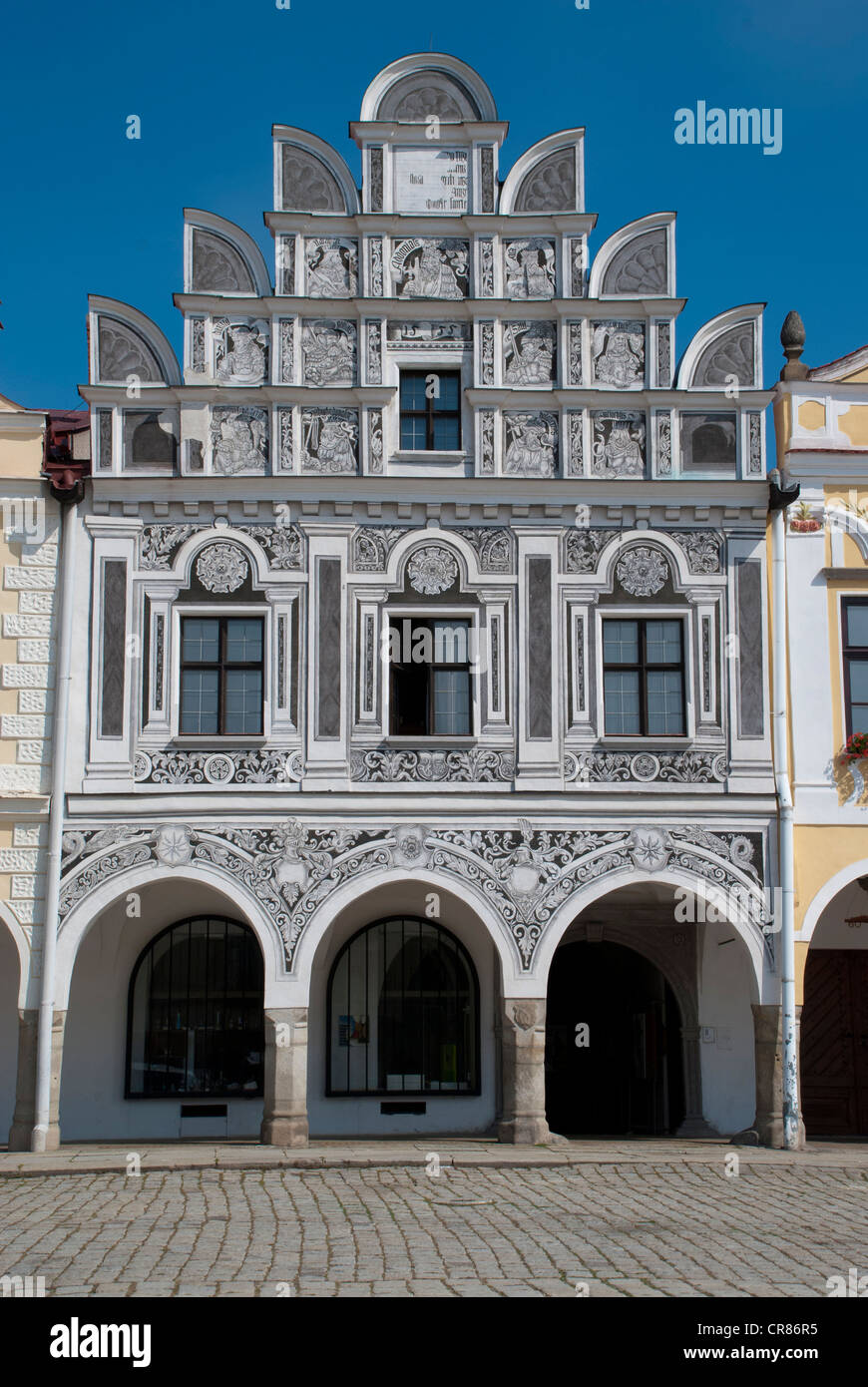 Sgraffito-Fassade, Stadthaus, Telč, Telc, Tschechische Republik, Europa Stockfoto