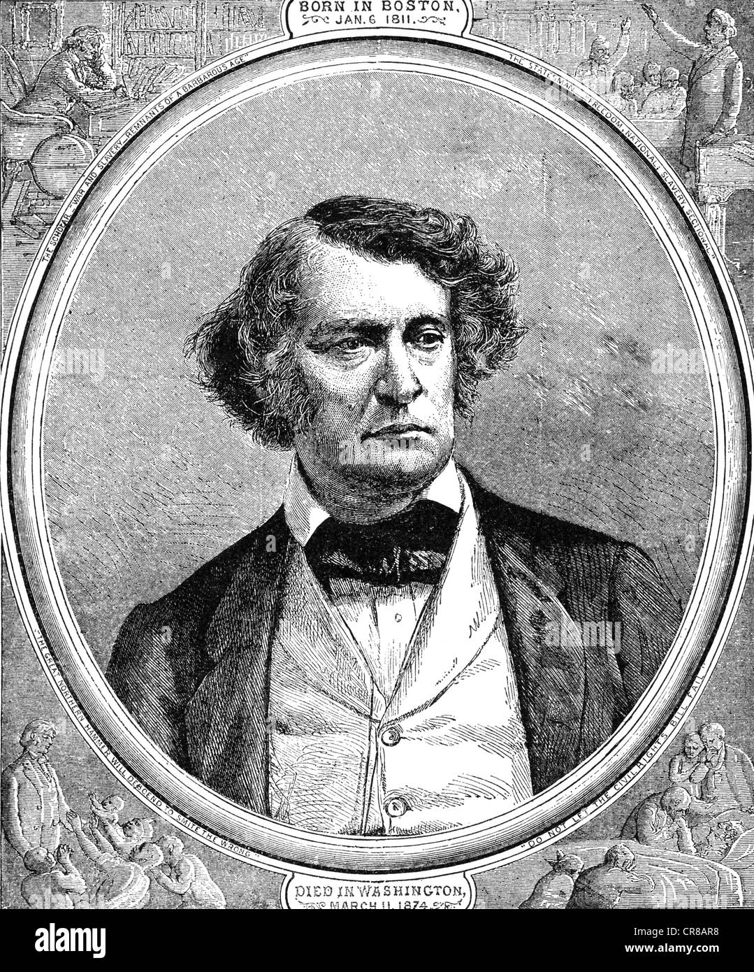 Sumner, Charles, 6.1.11.11.3.1874, US-amerikanischer Politiker (Whig / Dem. / Rep.), US-Senator aus Massachusetts von 1851 - 1874, Porträt, Holzgravur, Ende des 19. Jahrhunderts, Stockfoto