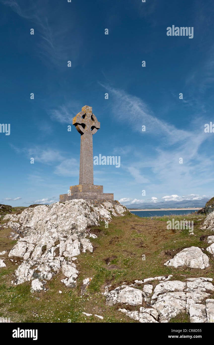 Keltenkreuz auf Llanddwyn Insel Anglesey North Wales Stockfoto