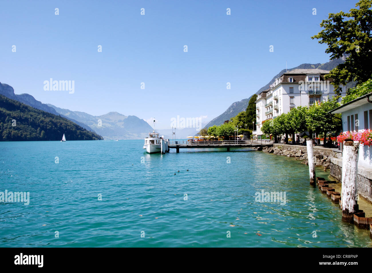Bootsanlegestelle in Brunnen am Vierwaldstättersee, Ingenbohl, Kanton Schwyz, Schweiz, Europa Stockfoto