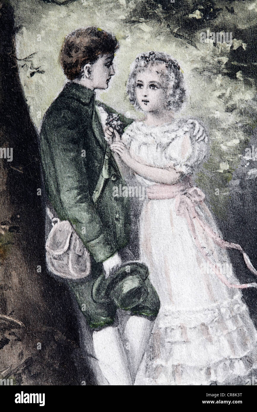 Romantisch zu zweit, historische Postkarte, um 1900, kitsch Stockfoto