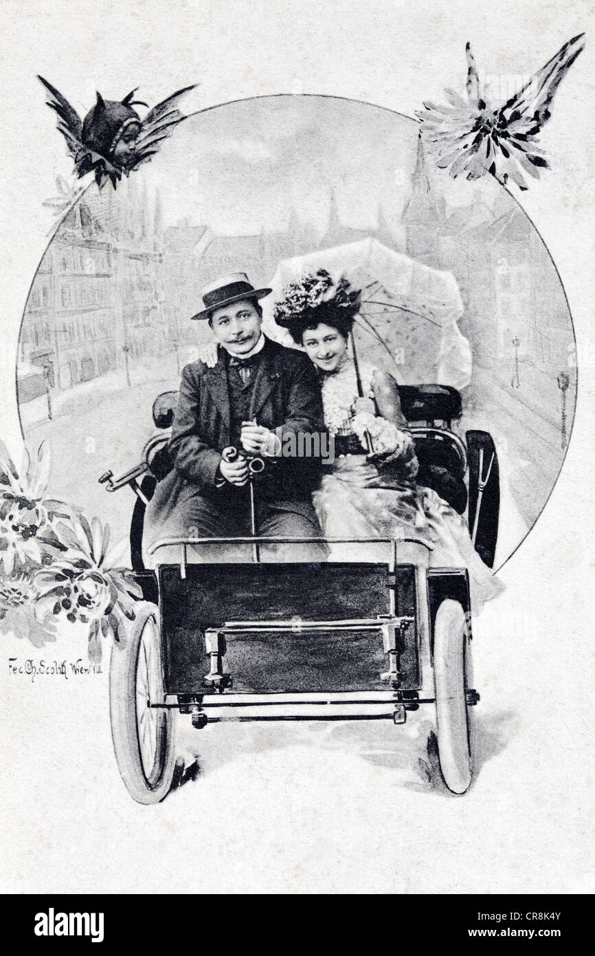 Paar in einem offenen Fahrzeug Motor, historische Postkarte, um 1900 Stockfoto